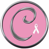 Monogram Alphabet Silver Letter Pink Background Breast Cancer Ribbon Survivor Cure By Awareness 18MM - 20MM Snap Jewelry Charm