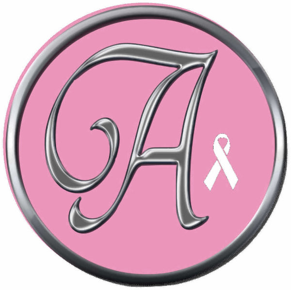 Monogram Alphabet Silver Letter Pink Background Breast Cancer Ribbon Survivor Cure By Awareness 18MM - 20MM Snap Jewelry Charm