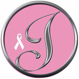 Monogram Alphabet Silver Letter Pink Background Breast Cancer Ribbon Survivor Cure By Awareness 18MM - 20MM Snap Jewelry Charm