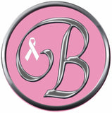 Monogram Alphabet Silver Letter Pink Background Breast Cancer Ribbon Survivor Cure By Awareness 18MM - 20MM Snap Jewelry Charm