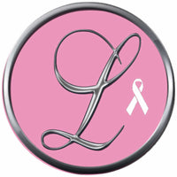 Monogram Alphabet Silver Letter Pink Background Breast Cancer Ribbon Survivor Cure By Awareness 18MM - 20MM Snap Jewelry Charm