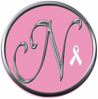 Monogram Alphabet Silver Letter Pink Background Breast Cancer Ribbon Survivor Cure By Awareness 18MM - 20MM Snap Jewelry Charm