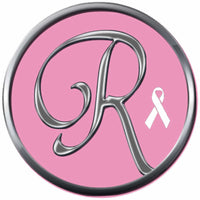 Monogram Alphabet Silver Letter Pink Background Breast Cancer Ribbon Survivor Cure By Awareness 18MM - 20MM Snap Jewelry Charm