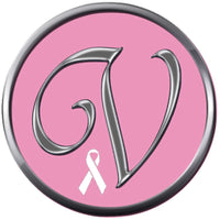 Monogram Alphabet Silver Letter Pink Background Breast Cancer Ribbon Survivor Cure By Awareness 18MM - 20MM Snap Jewelry Charm