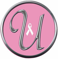 Monogram Alphabet Silver Letter Pink Background Breast Cancer Ribbon Survivor Cure By Awareness 18MM - 20MM Snap Jewelry Charm