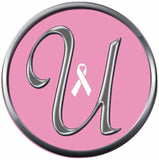 Monogram Alphabet Silver Letter Pink Background Breast Cancer Ribbon Survivor Cure By Awareness 18MM - 20MM Snap Jewelry Charm