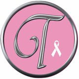 Monogram Alphabet Silver Letter Pink Background Breast Cancer Ribbon Survivor Cure By Awareness 18MM - 20MM Snap Jewelry Charm