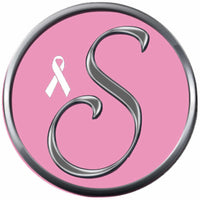 Monogram Alphabet Silver Letter Pink Background Breast Cancer Ribbon Survivor Cure By Awareness 18MM - 20MM Snap Jewelry Charm