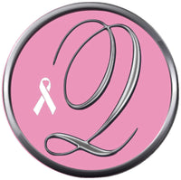 Monogram Alphabet Silver Letter Pink Background Breast Cancer Ribbon Survivor Cure By Awareness 18MM - 20MM Snap Jewelry Charm