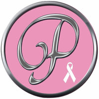 Monogram Alphabet Silver Letter Pink Background Breast Cancer Ribbon Survivor Cure By Awareness 18MM - 20MM Snap Jewelry Charm