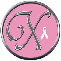 Monogram Alphabet Silver Letter Pink Background Breast Cancer Ribbon Survivor Cure By Awareness 18MM - 20MM Snap Jewelry Charm