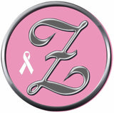 Monogram Alphabet Silver Letter Pink Background Breast Cancer Ribbon Survivor Cure By Awareness 18MM - 20MM Snap Jewelry Charm
