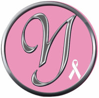 Monogram Alphabet Silver Letter Pink Background Breast Cancer Ribbon Survivor Cure By Awareness 18MM - 20MM Snap Jewelry Charm