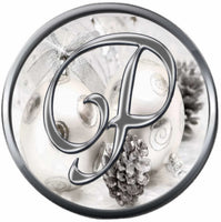 Christmas Silver Ornament & Frosted Pine Cones Monogram Alphabet Letters A - Z For Winter Holidays 18MM - 20MM Snap Charm Jewelry