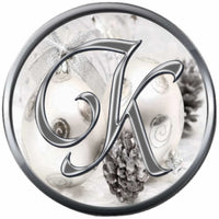 Christmas Silver Ornament & Frosted Pine Cones Monogram Alphabet Letters A - Z For Winter Holidays 18MM - 20MM Snap Charm Jewelry