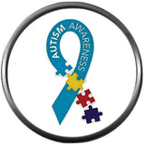 Autism Awareness Blue With Puzzle Pieces Support Ribbon Charm For 18MM - 20MM Snap Charm Jewelry