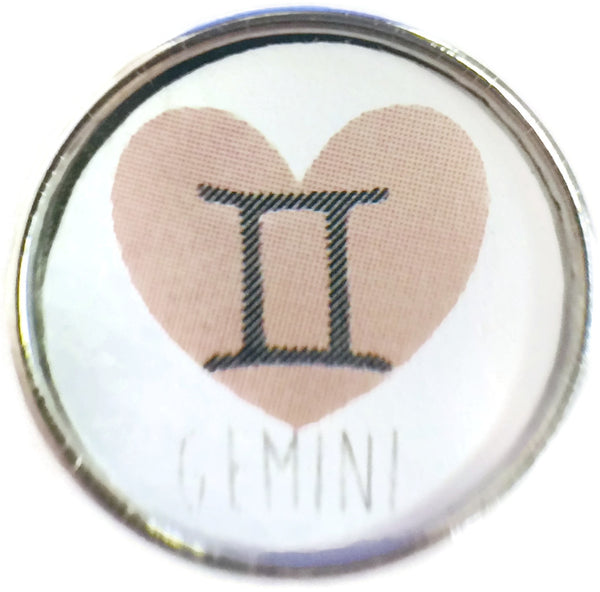 Gemini Zodiac Heart Horoscope Symbol 18MM - 20MM Charm for Snap Jewelry