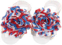 Shabby Chic Baby Toddler Barefoot Sandal Patriotic Chiffon Flower Elastic Foot Wear  2 Pc 1 Pair