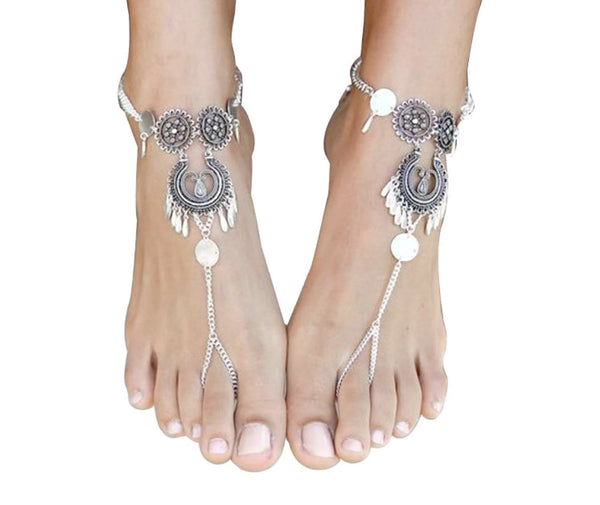 2 Pc Barefoot Sandal Bohemian Metal Slave Chain Beach Wedding Bride Ankle Bracelet Toe Ring Foot Jewelry