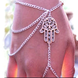 Hand Bracelet Slave Chain Fatima Hamsa Hand Silver Metal Beach Wedding Bride Hand Jewelry