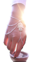 Hand Bracelet Slave Chain Fatima Hamsa Hand Silver Metal Beach Wedding Bride Hand Jewelry