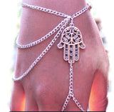 Hand Bracelet Slave Chain Fatima Hamsa Hand Silver Metal Beach Wedding Bride Hand Jewelry