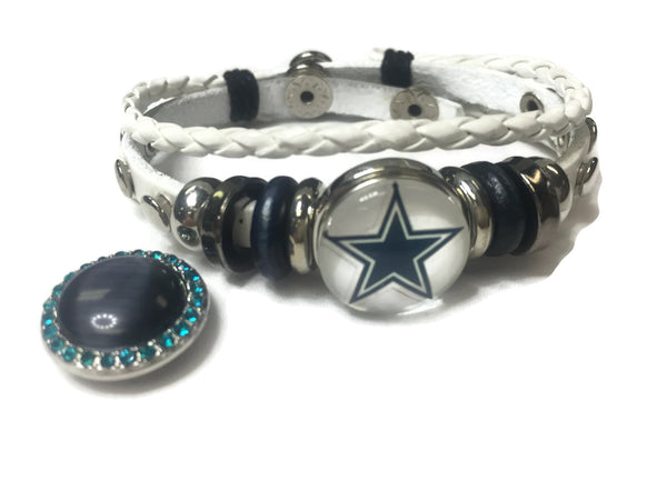 NFL Fashion Snap Dallas Cowboys Logo Leather Bracelet  With 2 Charms For Football Fans