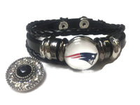 NFL Fashion Snap New England Patriots Logo Leather Bracelet  With 2 Charms For Football Fans