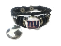 NFL Fashion Snap New York Giants Logo Leather Bracelet  With 2 Charms For Football Fans