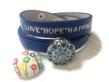 Brilliant Blue Love Hope Happiness Snap Jewelry Wrap Around Leather Bracelet Set With 2 Charms