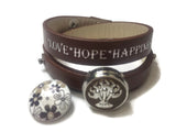 Chocolate Brown Love Hope Happiness Snap Jewelry Wrap Around Leather Bracelet Set With 2 Charms