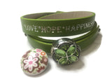 Olive Love Hope Happiness Fashion Snap Jewelry Wrap Around Leather Bracelet Set With 2 Charms