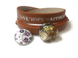 Sepia Brown Love Hope Happiness Fashion Snap Jewelry Wrap Around Leather Bracelet Set With 2 Charms