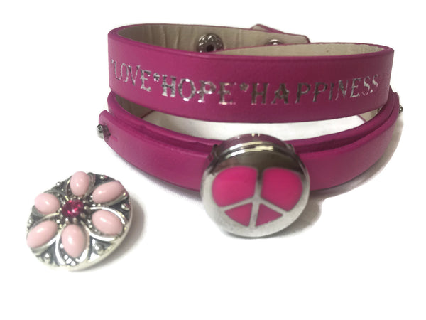 Pink Peace Love Hope Happiness Fashion Snap Jewelry Wrap Around Leather Bracelet Set With 2 Charms