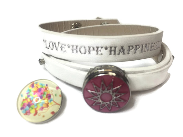 White Pink Love Hope Happiness Fashion Snap Jewelry Wrap Around Leather Bracelet Set With 2 Charms