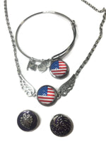 Patriotic USA Flag Fashion Snap Jewelry Necklace Bracelet Set Plus 4 interchangeable Charms