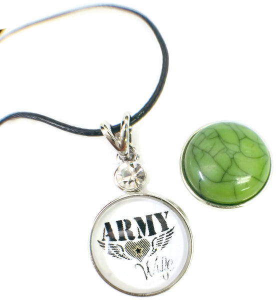 Army Wife Snap on 18" Leather Rope Diamond Pendant Necklace W/ Extra 18MM - 20MM Snap Charm