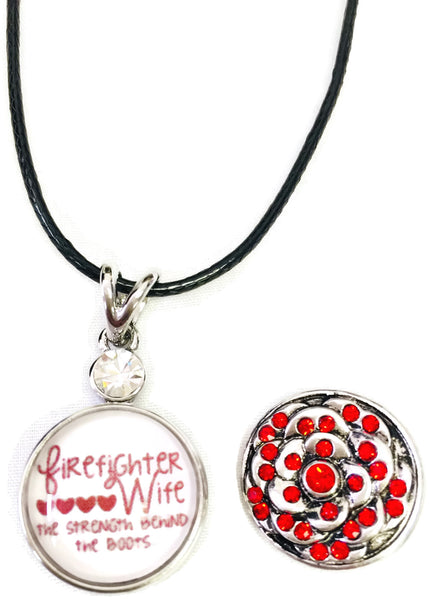 Firefighter Wife Strength Behind Boots Thin Red Line Snap on 18" Leather Rope Diamond Pendant Necklace W/ Extra 18MM - 20MM Snap Charm