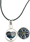 USA Flag Heart Officer Thin Blue Line Snap on 18" Leather Rope Diamond Pendant Necklace W/ Extra 18MM - 20MM Snap Charm