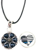 USA Flag Heart Officer Thin Blue Line Snap on 18" Leather Rope Diamond Pendant Necklace W/ Extra 18MM - 20MM Snap Charm