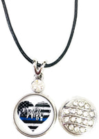 USA Flag Heart Officer Wife Thin Blue Line Snap on 18" Leather Rope Diamond Pendant Necklace W/ Extra 18MM - 20MM Snap Charm