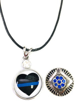 Heart Officer Thin Blue Line Snap on 18" Leather Rope Diamond Pendant Necklace W/ Extra 18MM - 20MM Snap Charm