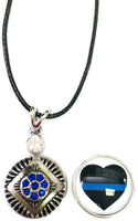 Heart Officer Thin Blue Line Snap on 18" Leather Rope Diamond Pendant Necklace W/ Extra 18MM - 20MM Snap Charm