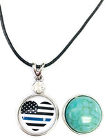USA Flag America Heart Officer Thin Blue Line Snap on 18" Leather Rope Diamond Pendant Necklace W/ Extra 18MM - 20MM Snap Charm