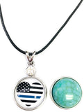 USA Flag America Heart Officer Thin Blue Line Snap on 18" Leather Rope Diamond Pendant Necklace W/ Extra 18MM - 20MM Snap Charm