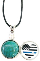 USA Flag America Heart Officer Thin Blue Line Snap on 18" Leather Rope Diamond Pendant Necklace W/ Extra 18MM - 20MM Snap Charm
