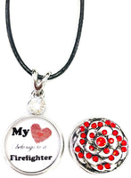 My Heart Belongs To A Firefighter Thin Red Line Snap on 18" Leather Rope Diamond Pendant Necklace W/ Extra 18MM - 20MM Snap Charm