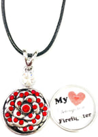 My Heart Belongs To A Firefighter Thin Red Line Snap on 18" Leather Rope Diamond Pendant Necklace W/ Extra 18MM - 20MM Snap Charm
