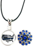 America USA Flag Officer Thin Blue Line Snap on 18" Leather Rope Diamond Pendant Necklace W/ Extra 18MM - 20MM Snap Charm