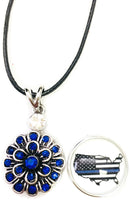 America USA Flag Officer Thin Blue Line Snap on 18" Leather Rope Diamond Pendant Necklace W/ Extra 18MM - 20MM Snap Charm